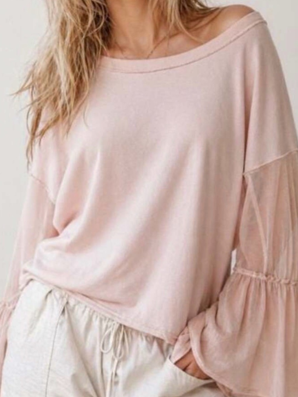 #1066 FREE PEOPLE Still Got It  Blush Mesh Ruffle Bell Sleeve Top GORG
